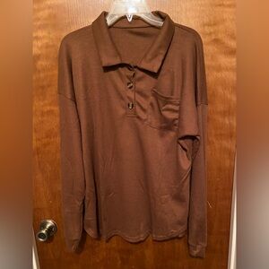 Brown Waffle Knit Collared Henley Top